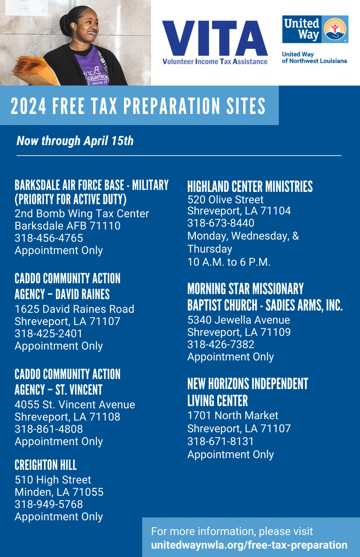 United Way of Northwest Louisiana Announces 2024 VITA Sites for Free